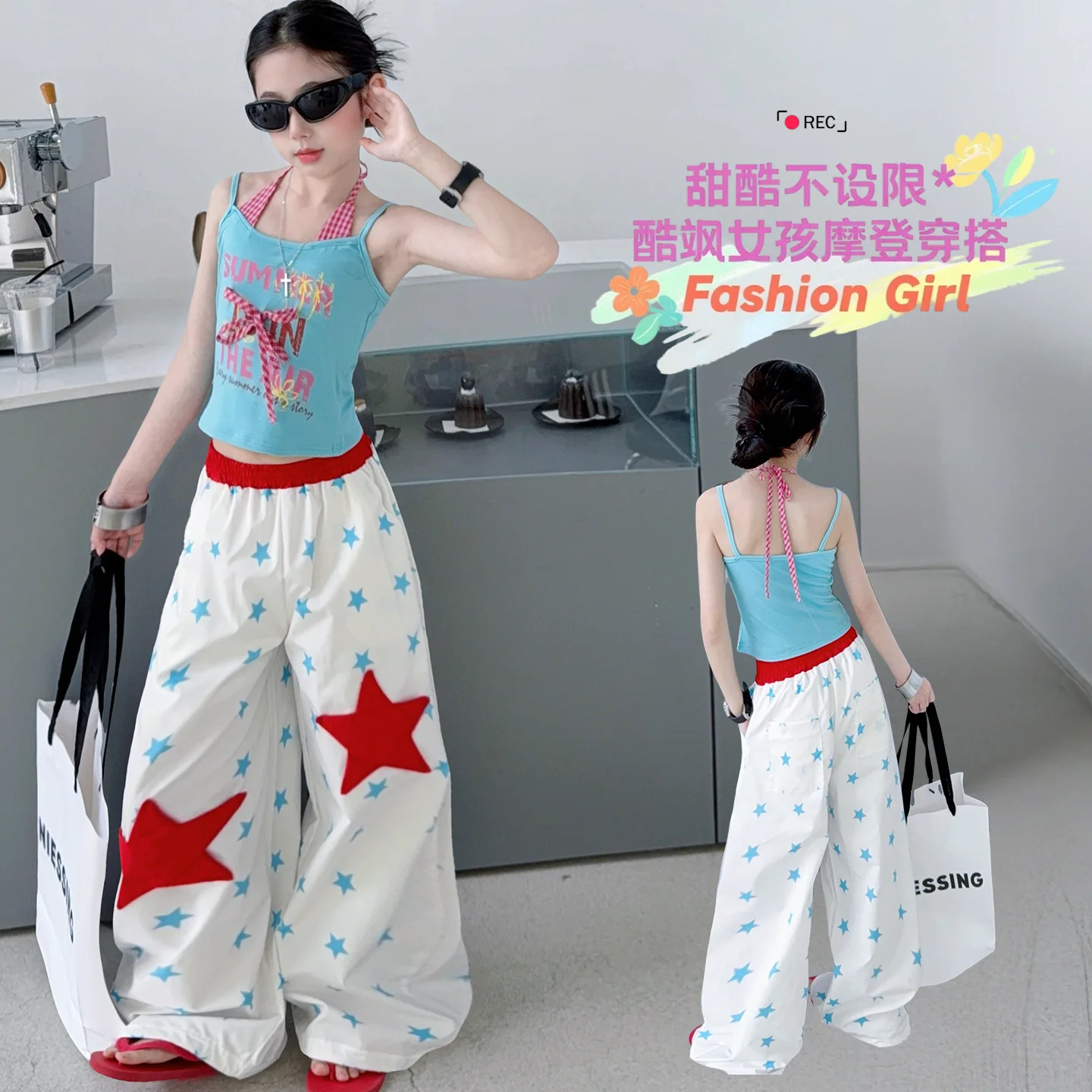 Autumn Winter Teens Tracksuit Girls Set 1PC Letter T-Shirt Crop Top Or STAR Wide Leg Cargo Pant Kid 4 6 7 8 9 10 12 14 Years