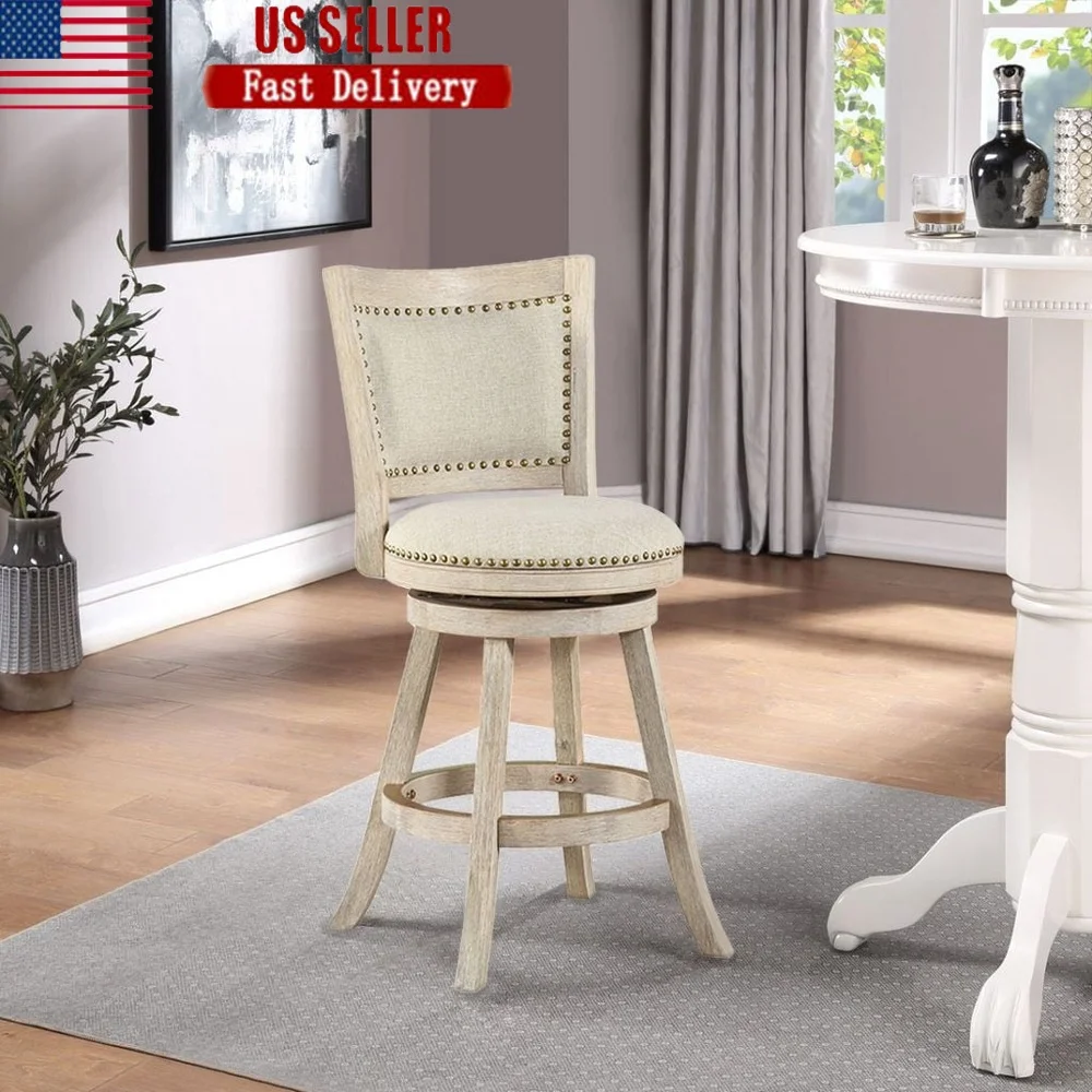 

24 Inch High Back Swivel Wood Counter Stool with Linen Upholstery Brass Nailheads and 360 Degree Swivel Dining Bar Kitchen