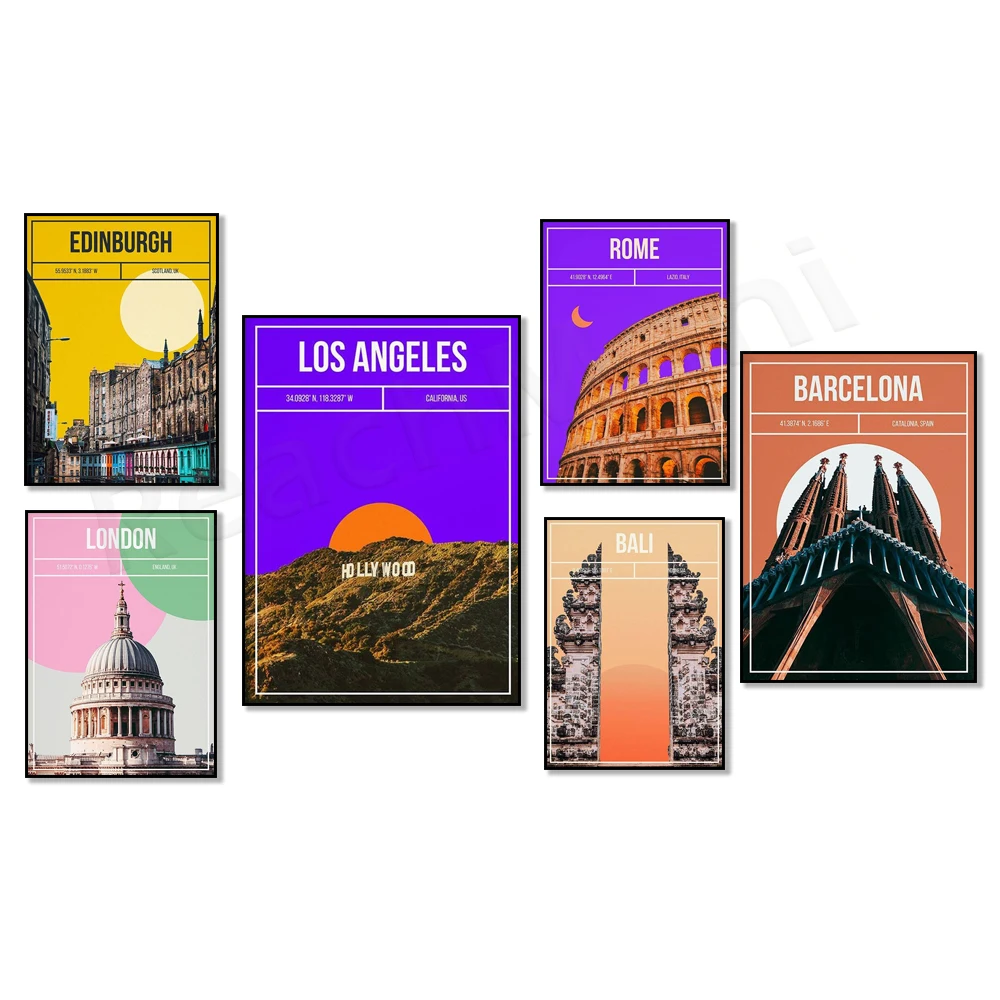 

London, Indonesia, Colosseum, Vancouver, Cardiff Castle Clock Tower, Edinburgh, National Theatre, California Travel Poster