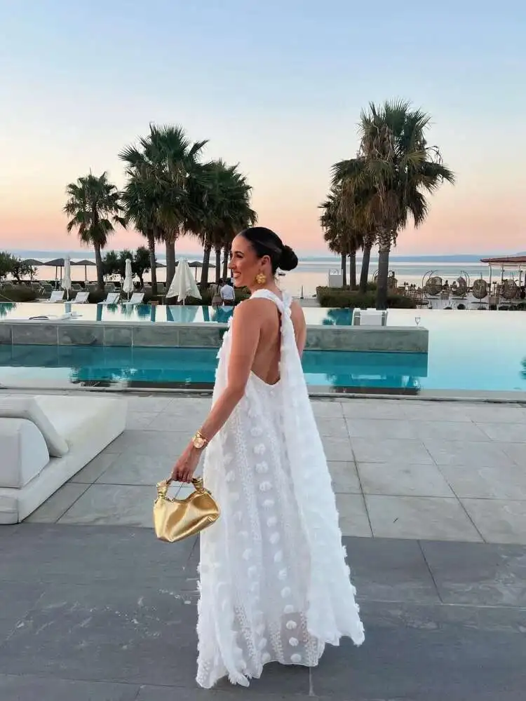 

Women Sexy Backless Deep V-Neck BabYoung Dress Fashion 3D Wer Patchwork Loose Robes 2025 New Female Vocation Party Dresses