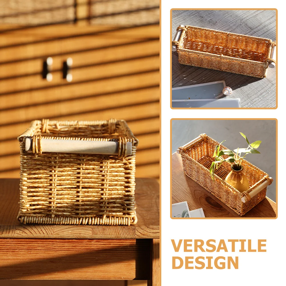 

Plastic Rattan Woven Storage Basket with Handle Organizer Desktop Sundries Container Multi-Function Basket for Skincare