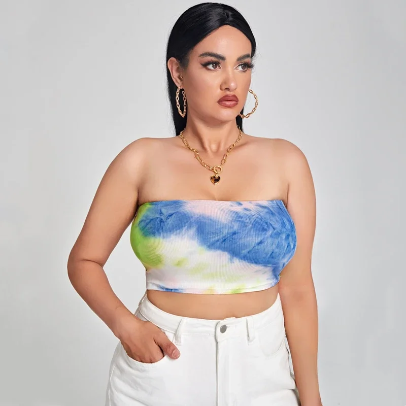 Top de tubo corto Tie Dye para mujer, ropa sin tirantes, camiseta sin mangas para playa y Club, talla grande 6XL, 7XL, 8XL