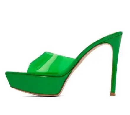 

New Woman Green Black White Nude Transparent PVC Pointed Peep Toe One Line Shallow Slip On Slippers Women Stiletto Heel Sandals