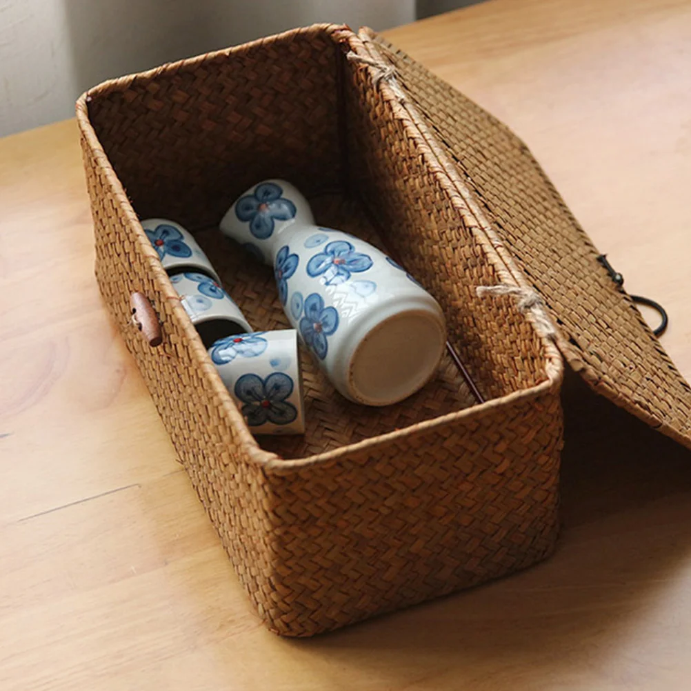 

2 PCS Shelf Storage Box Baby Laundry Hamper with Lid Lidded Basket Natural Seaweed Woven