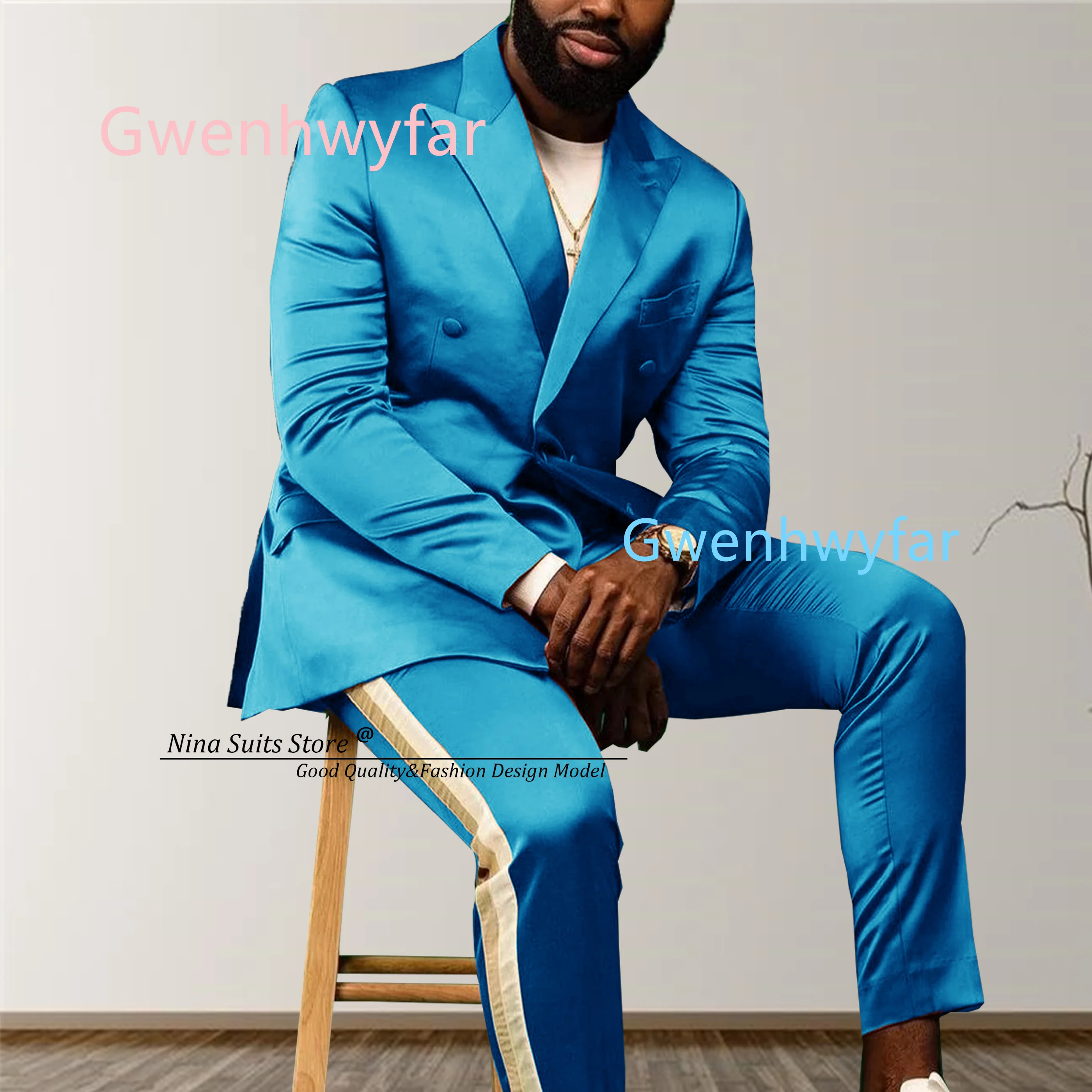 G&N 2027 Spring New Party Dress Custom Lake Blue Satin Jacket and Pants with Ivory and Champagne Lines Young Men's Ball Suit Set