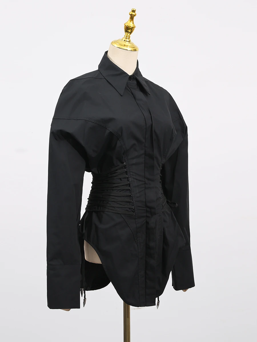 TWOTWINSTYLE Waist Strap Shirt For Women  Fashion Women\'s Niche Design Solid Color Long Sleeve Shirt Top Female 2024 Autumn New