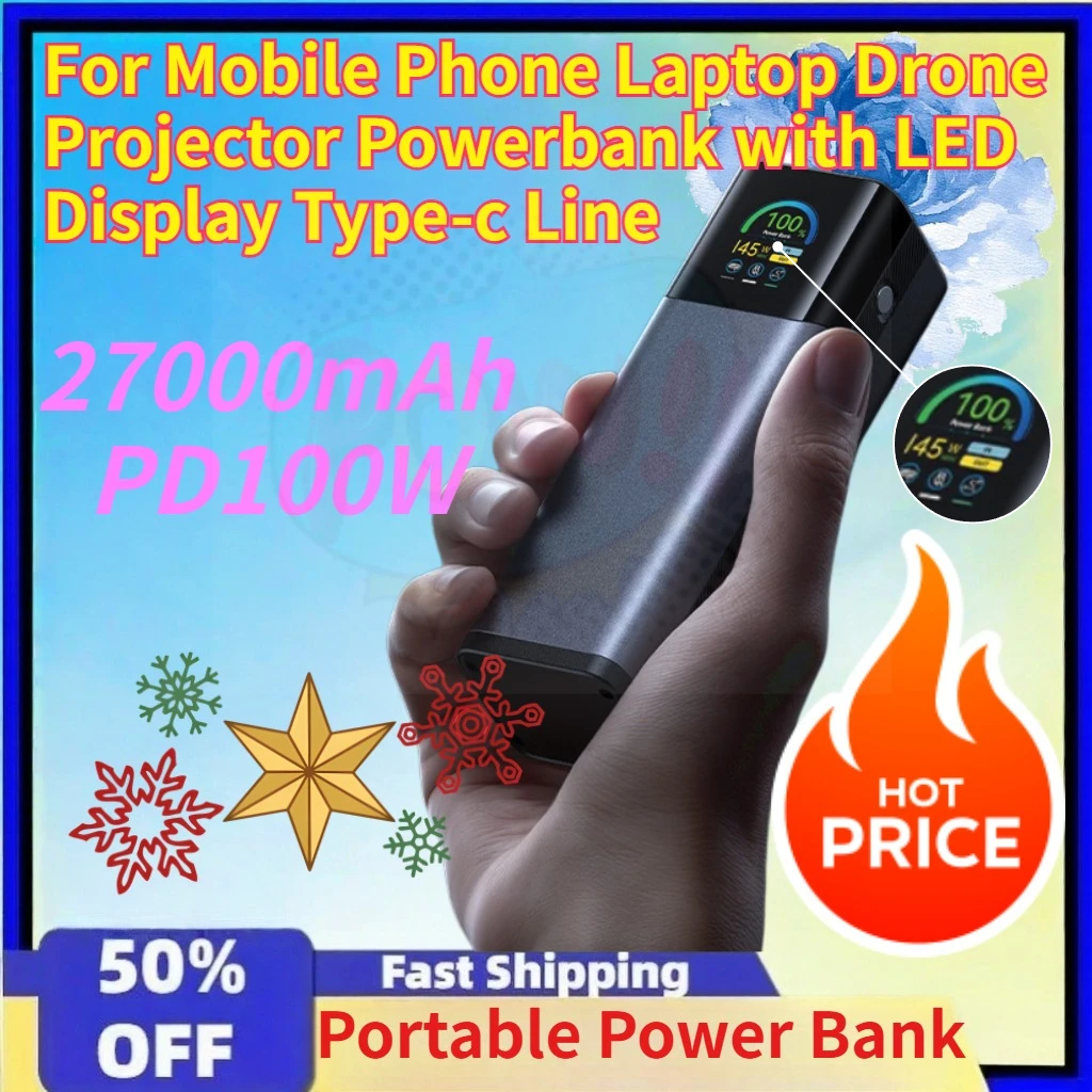 

27000mAh PD100W Fast Charging Portable Power Bank for Mobile Phone Laptop Drone Projector Powerbank with LED Display Type-c Line