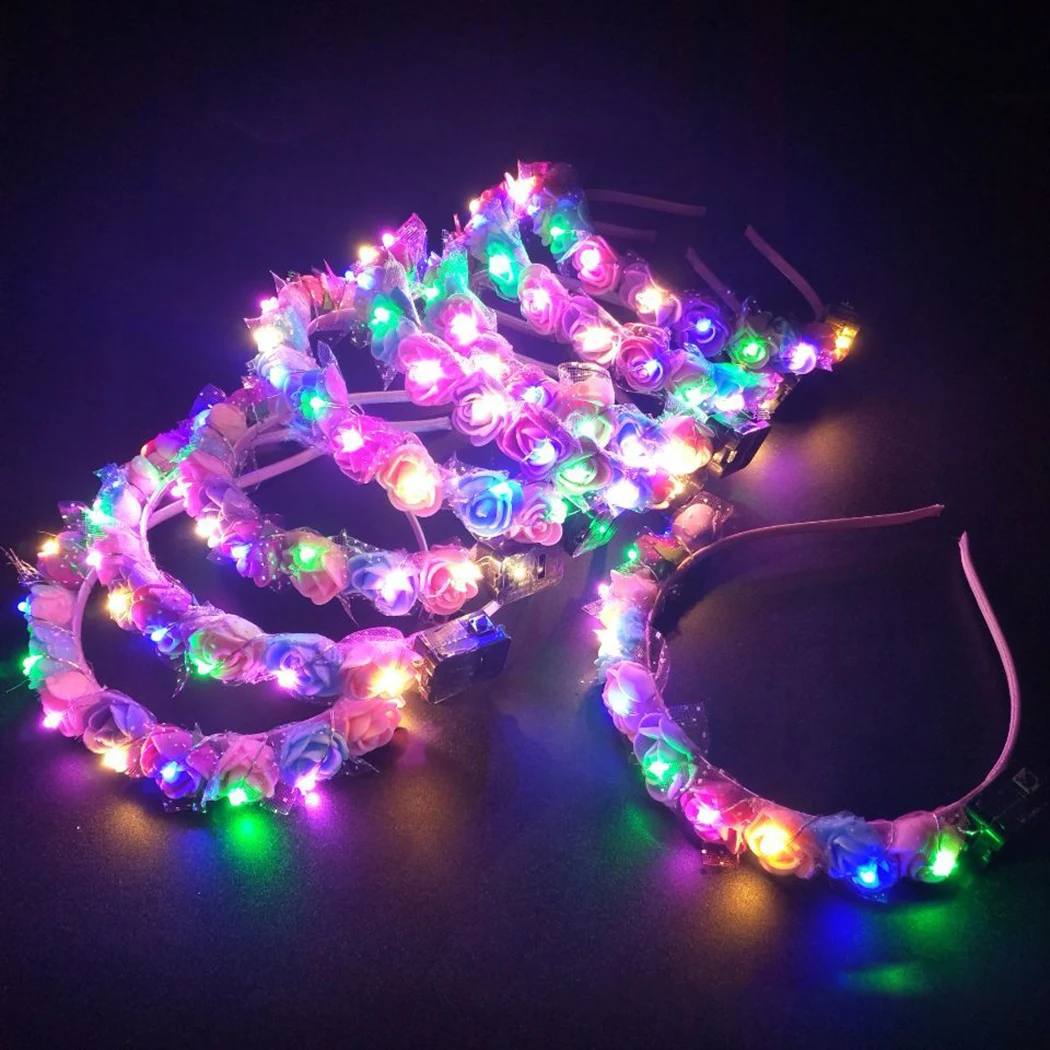 10Pcs LED Women Girl Glow Light Up Headband Bridal Flower Wreath Crown Neon Party Gift Crown Wedding Birthday Luminous Festival