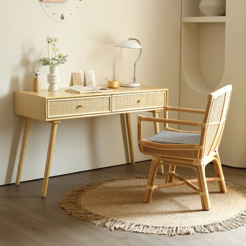 

Nordic solid wood desk bedroom study table Japanese desktop rattan writing desk home simple modern desk