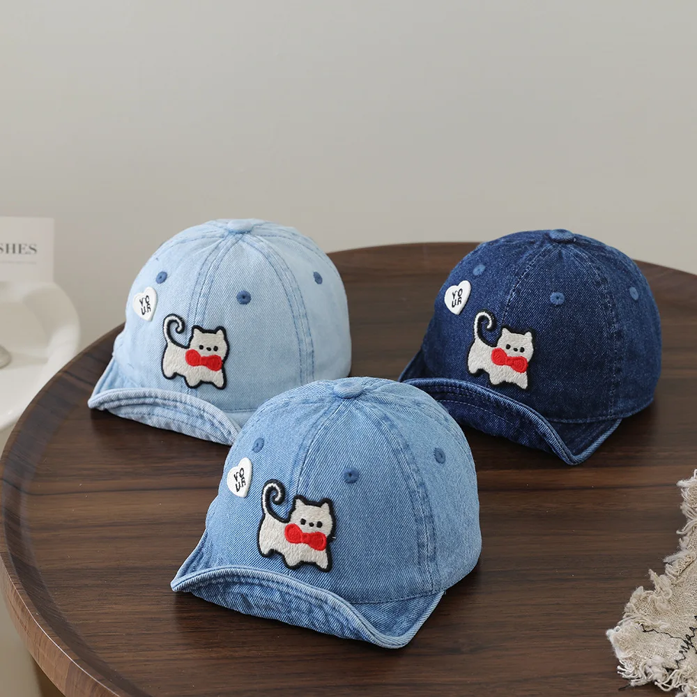 Casquette de baseball en jean lavable pour enfants, à bord souple, avec broderie de chat, style bec de canard, chapeau décontracté à dessin animé