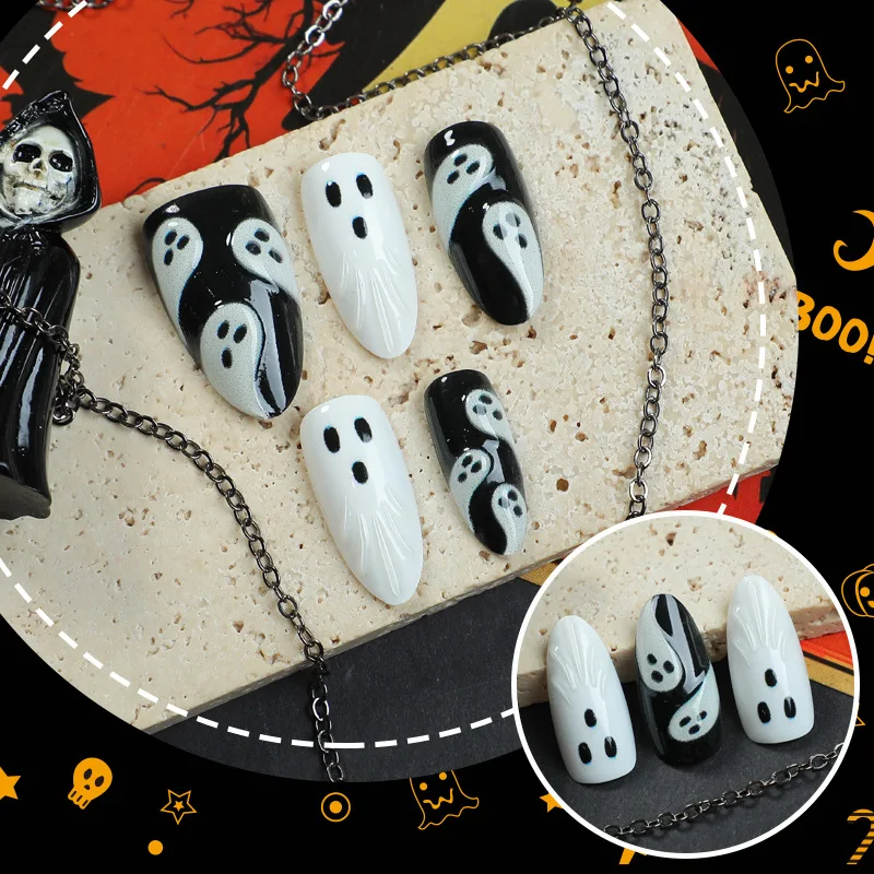 30個入り 2025年ハロウィン アーモンド型 怖い白黒ゴースト装着可能 3Dフェイクネイルアートパッチ 付け爪 マニキュアセット