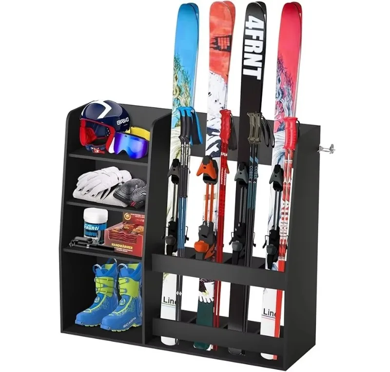 Ski storage rack organization rack bracket floor mount fits 4 pairs of skis and multiple ski equipment attachments