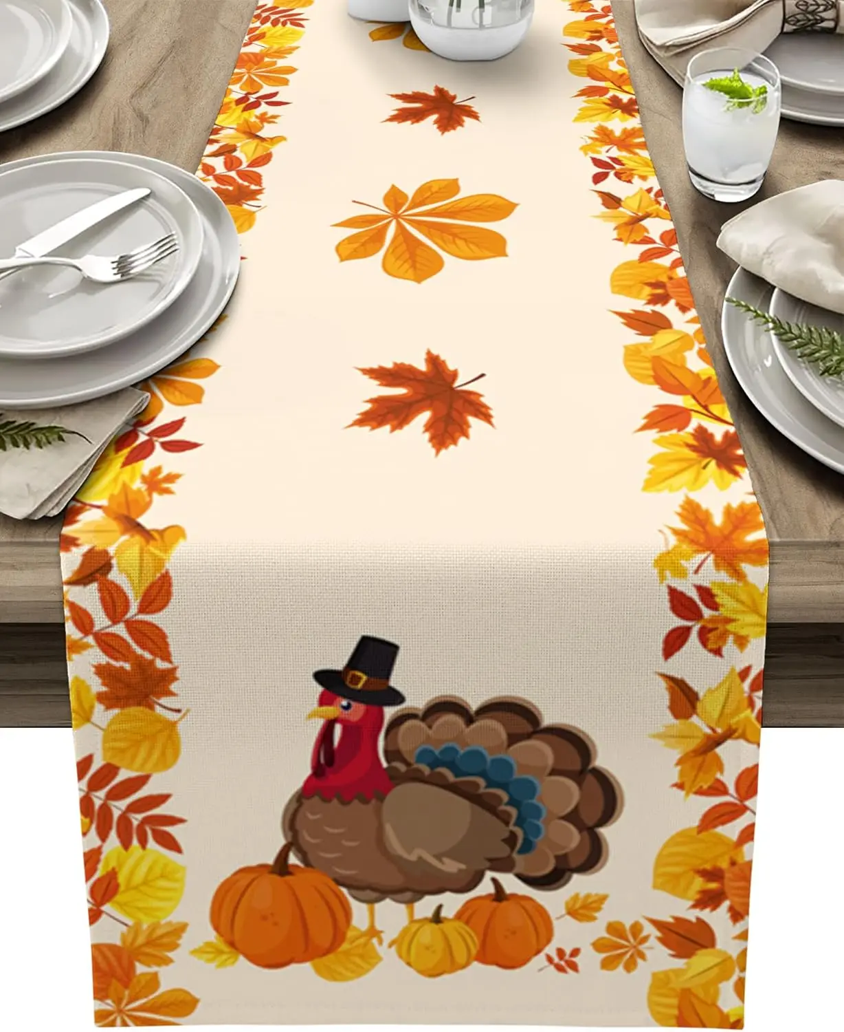 Fall Thanksgiving Turkey Maple Leaves Table Runner Dresser Scarves Autumn Harvest Kitchen Table Runner Thanksgiving Decorations