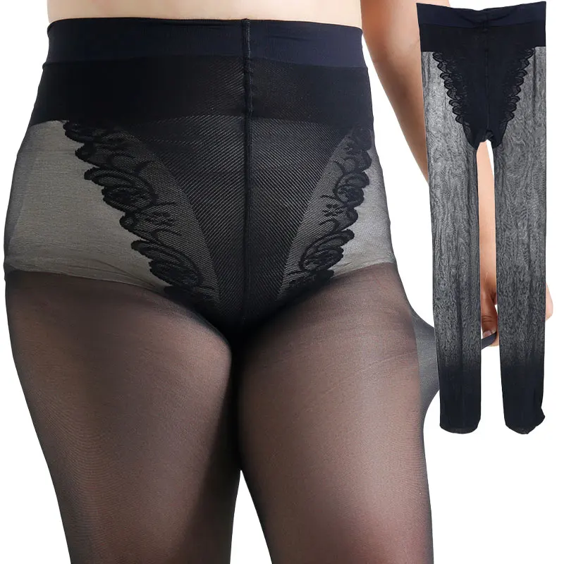 

Women's Plus Size 4XL Black High-wasited Sheer Tights With Lace Waistband Stretchy Ladies Black Lace-top Bikini Brief Pantyhose