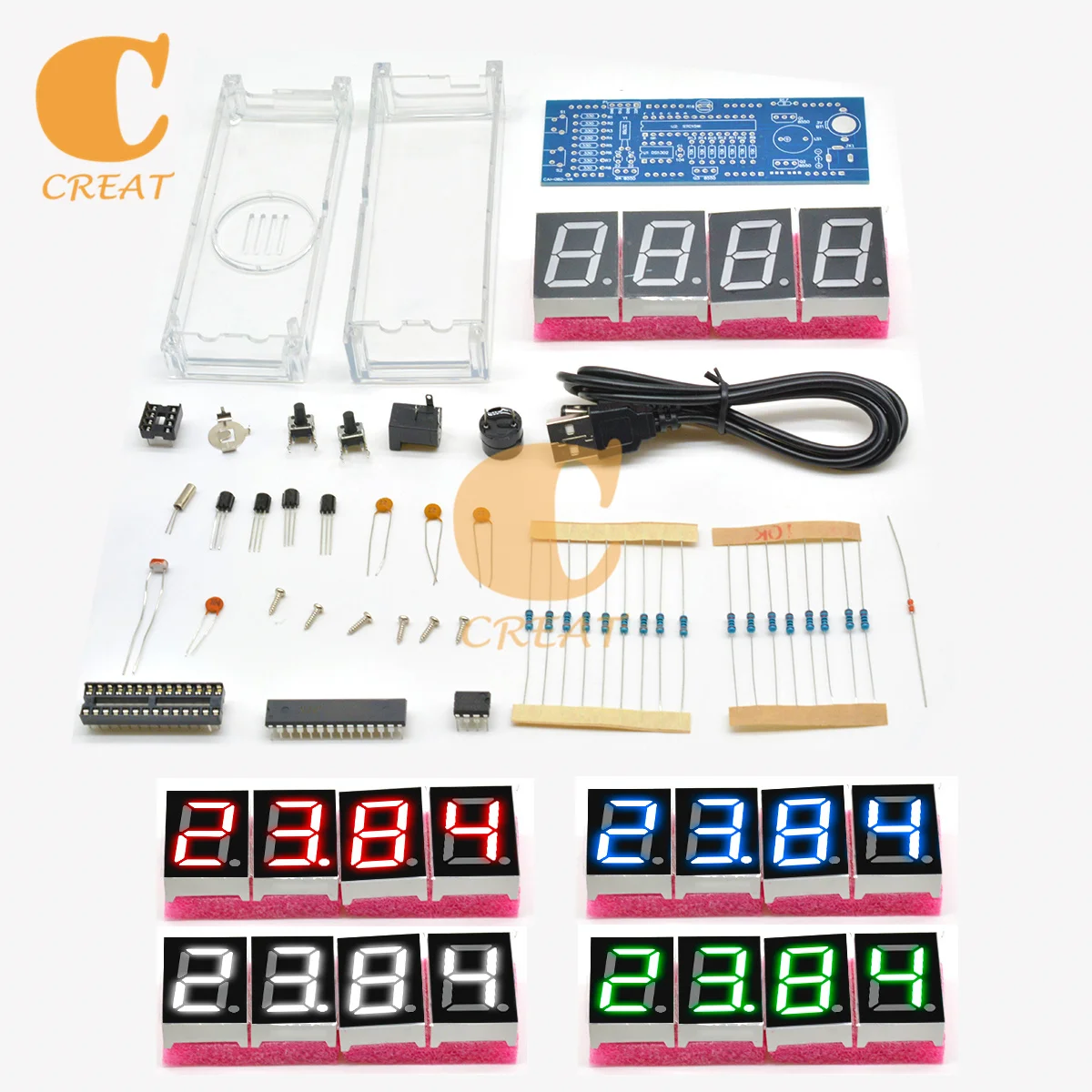 Electronic Clock LED Microcontroller Digital Display Light Control Temperature Thermometer 4-Digit With Transparent Case DIY Kit