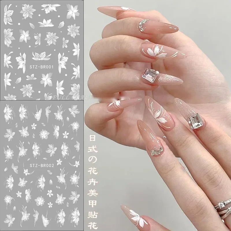 

White Ice Flower Camellia Nail Stickers Waterproof Self Adhesive Cherry Blossom Decals for Manicure DIY Hot Selling