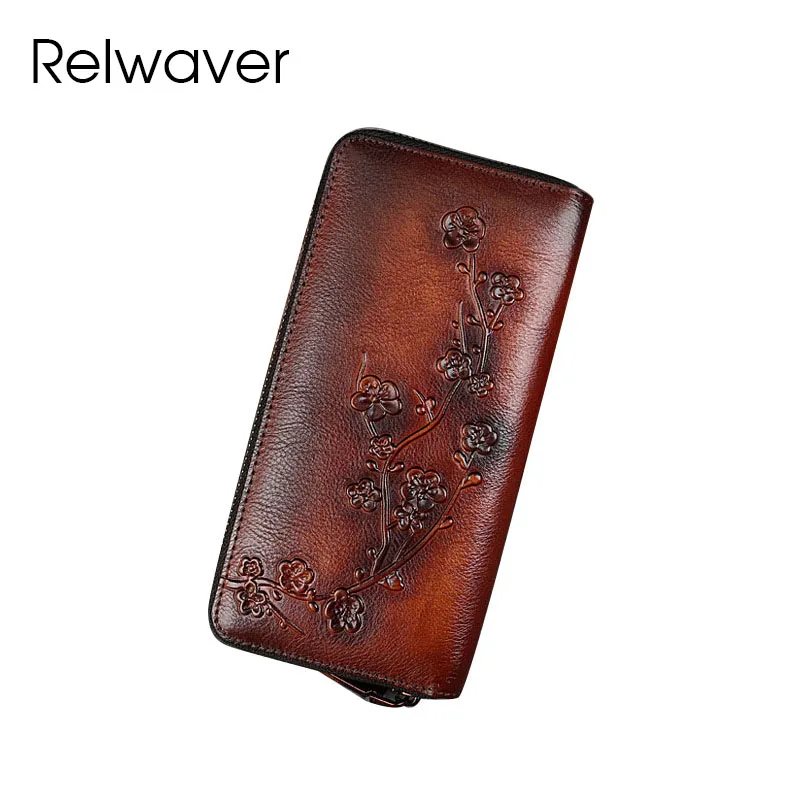 Relwaver natural cow leather women wallet plum blossom embossing brown Chinese style zipper wallet 2024 spring long clutch purse