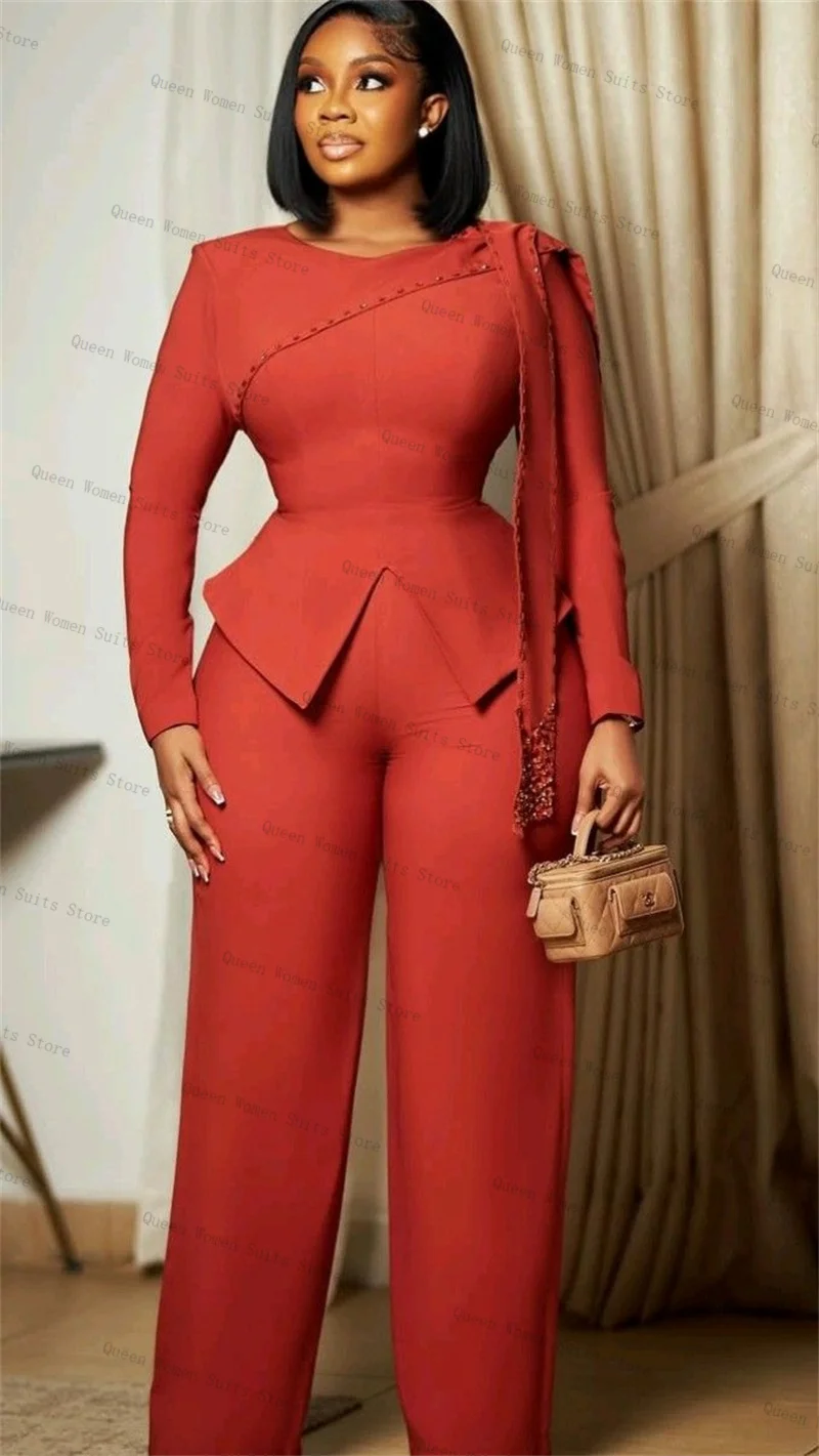 

Red Women Suit Set 2 Piece Blazer Pants Trouser Luxury Crystals Formal Office Lady Jacket Cotton Wedding Bride Coat Customized