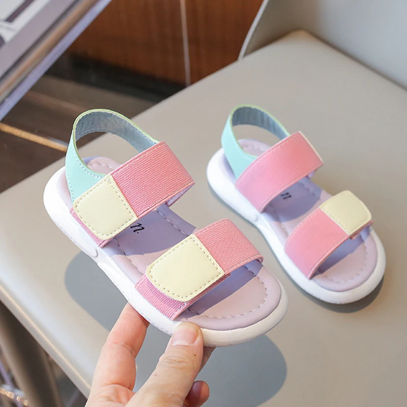 

Summer Girls Sandals Leisure Pink Colorful Chunky Hook-loop Kids Sliders Beach Shoes Anti-slip Children Flat Sandals CSH1671