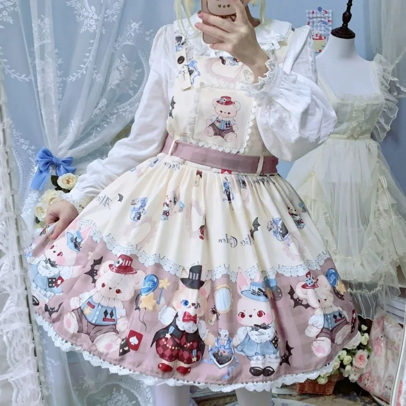 Sukienka Lolita Jsk w stylu Kawaii kobiety gotycki Y2k króliczek nadruk niedźwiedzia kokardka z kokardą dziewczyny słodkie sukienki księżniczki bez rękawów Mini sukienki