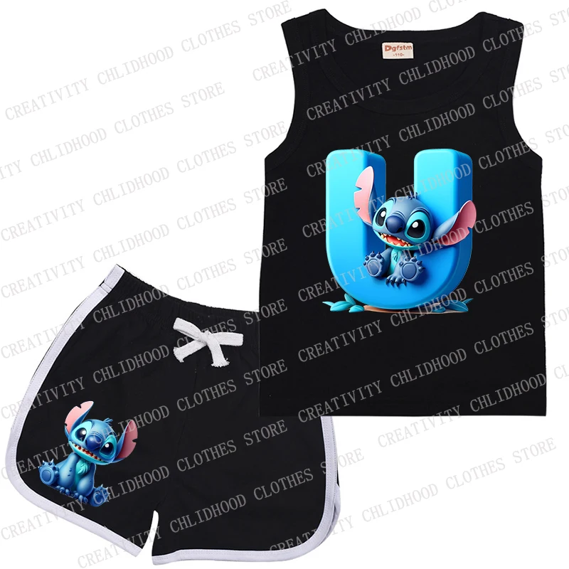 Neue Kinder Anzug Stich Brief a-z Sport schwarze Kleidung lässig ärmellose Mädchen Junge Weste & Shorts 2 Stück Sets Kinder Sommerkleid ung