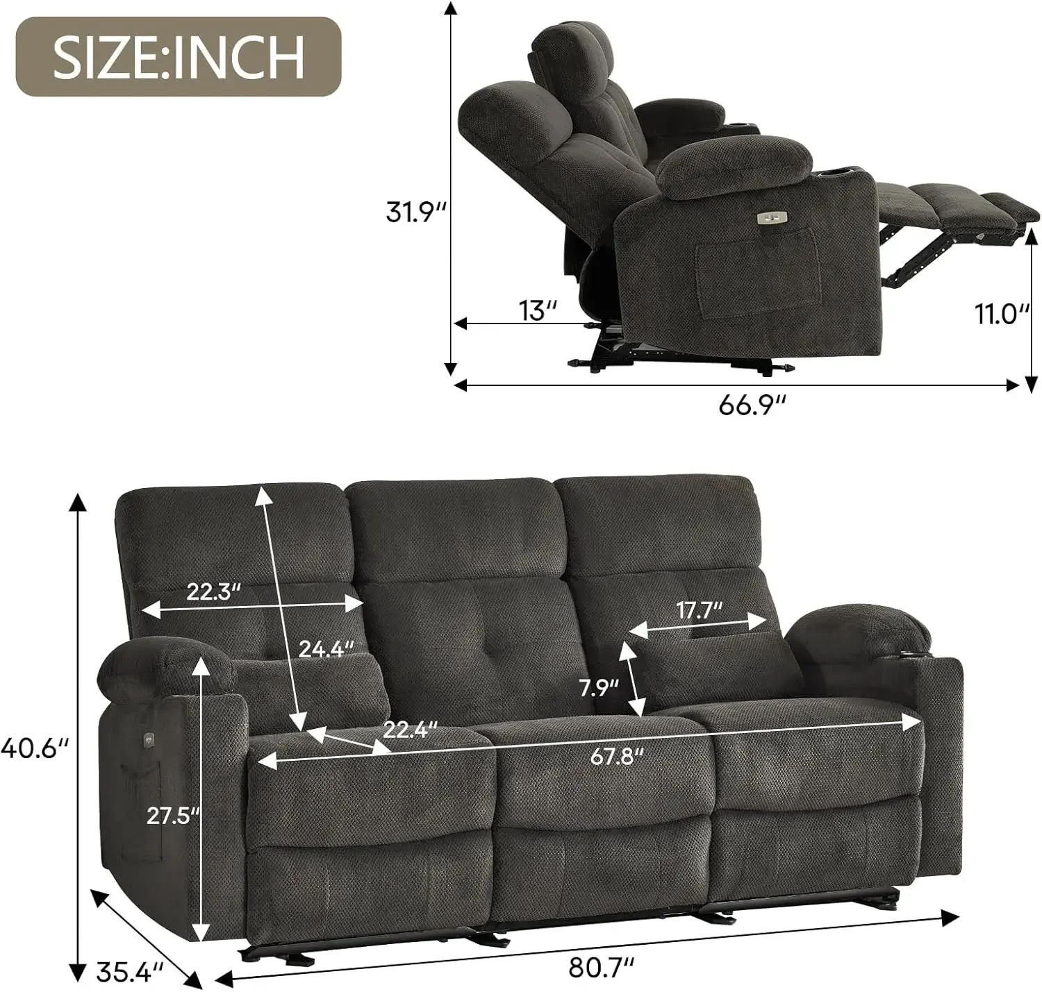 Sofa with Heat and Massage, 80'' Wall-Hugger Double Reclining Sofa, Electric Power Double Reclining Sofa with USB Ports