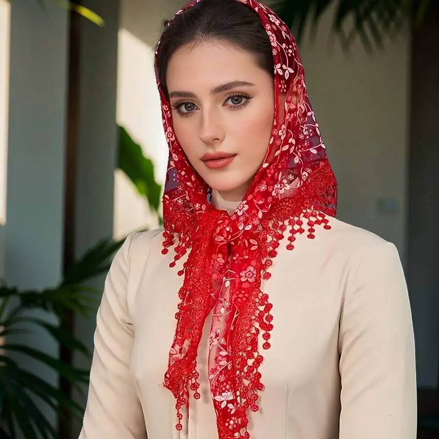 

Womens Floral Lace Trimmed Headscarf Shawl Elegant Red Scarf