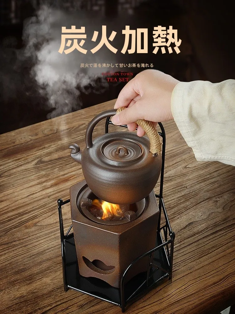 

Ретро-набор для чаепития из красной глины: чайник для угольного огня и керамический чайник ручной работы двойного назначения для заваривания чая для взрослых