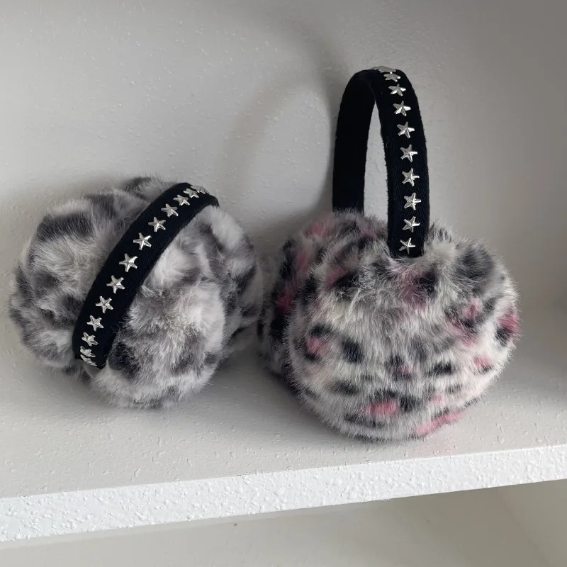 Sweet Cool Leopard Print Accessory Set, Star Stud Earmuffs, Lace-up Scarf & Long Leg Warmers, Y2K Fluffy Winter Matching Outfit