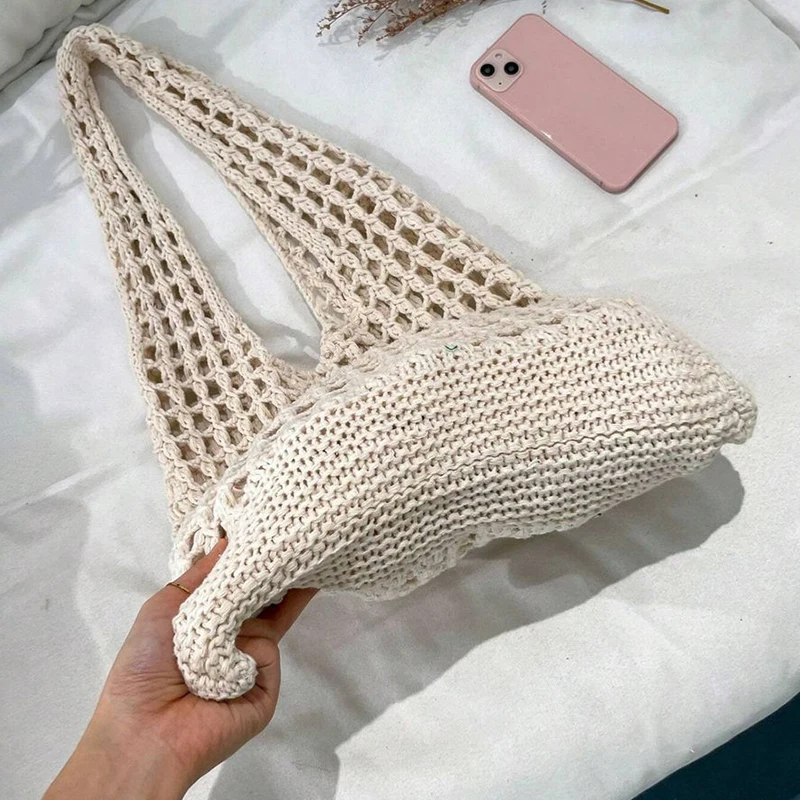Fashion Crochet Bags For Women Summer Beach Tote Bag Raffia Aesthetic Knitted Handbag Bohemian Hollow Shoulder Bag Shopping Bag