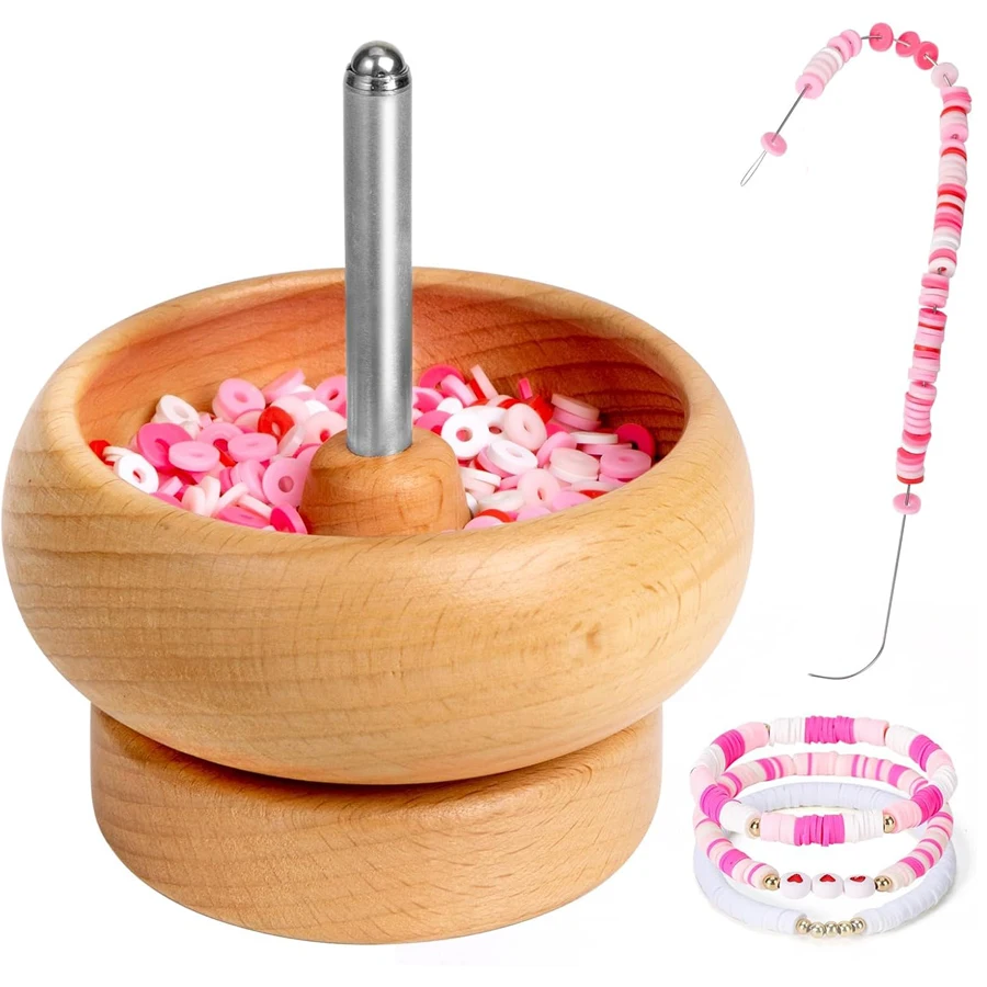 Bead Spinner for Jewelry Making, Effortless Rotating Wooden Clay Bead Spinner with 1 Big Eye Beading Needles , Beading Supplies