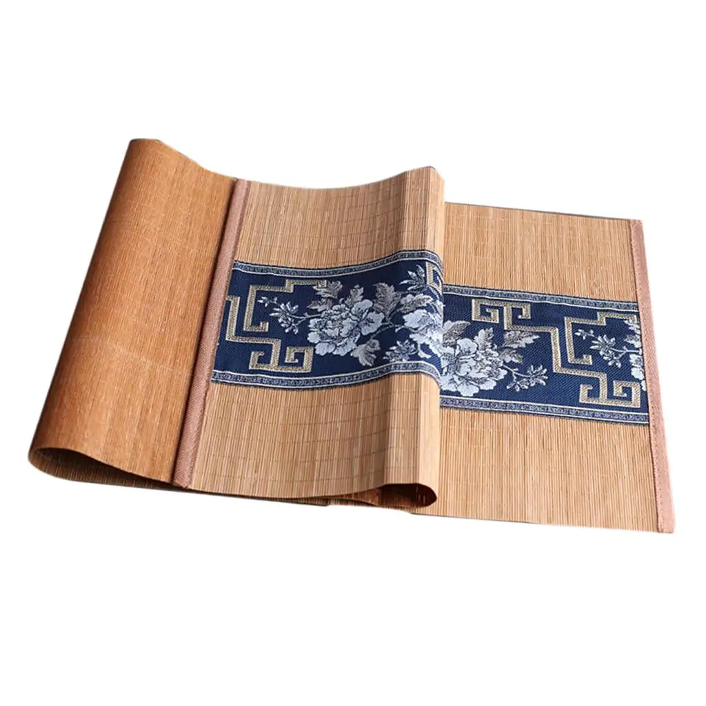 Elegant Bamboo Table Mat Handmade Runner Insulated Slat Placemat Embroidered Flower Design for Home Table and Tea Ceremony