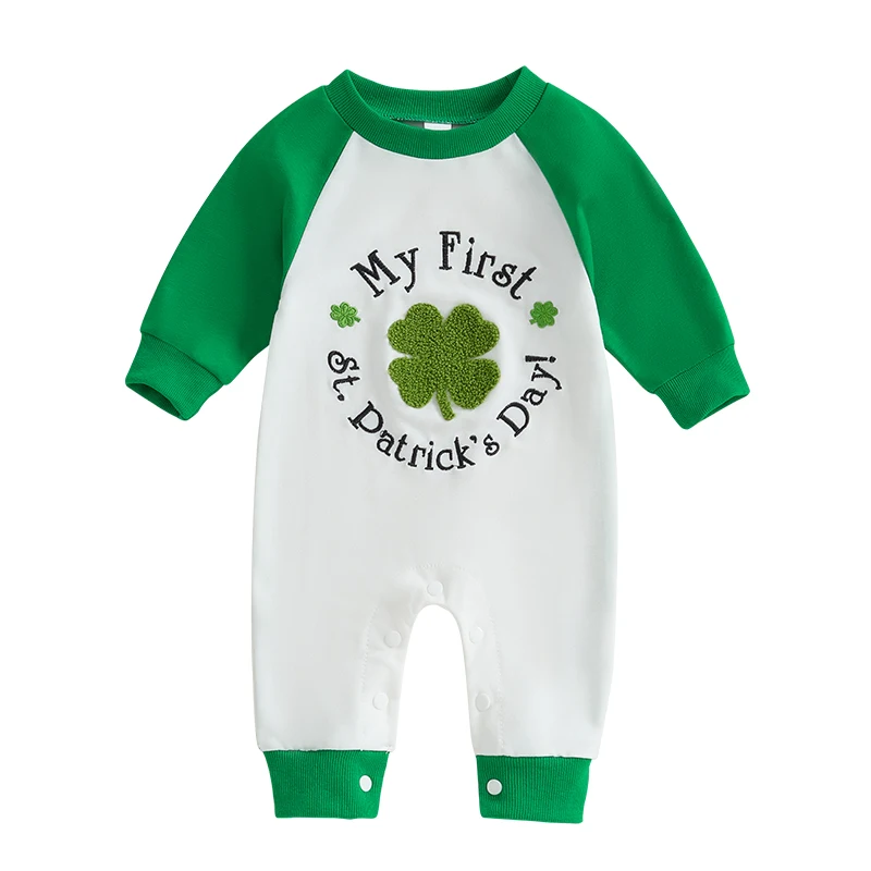 Baby Irish Day Romper Casual Letter Print Clover Pattern Contrast Color Long Sleeve Jumpsuit for Toddler Cute Clothes