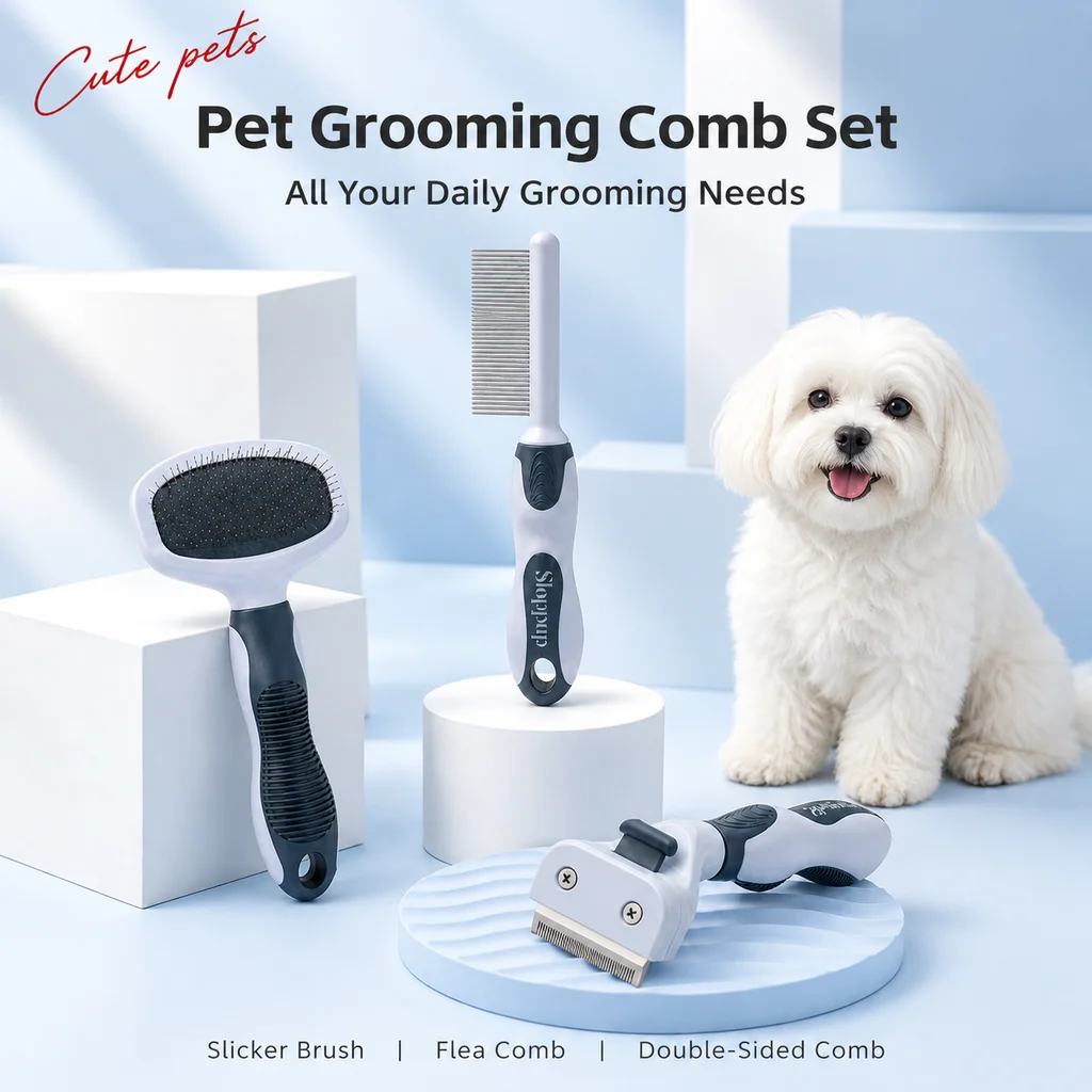 3 Pack Pet Grooming Set Pin Brush Deshedding Blade Straight Comb Removes Loose Fur Detangles Non-slip for Dog Cat Grooming Tool