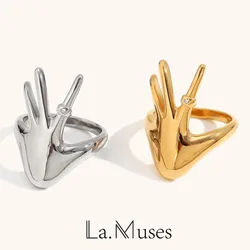 La. Muses Creative Palm Shaped Cubic Zirconia Stainless Steel Women's Rings Trend Waterproof Jewelry Gift Accessory