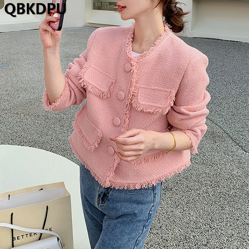 

Tassel Woolen Short Jackets Womens Elegant Slim Wool Blend Coats Spring Casual Tweed Chaquetas Korean Fashion Vintage Outwear