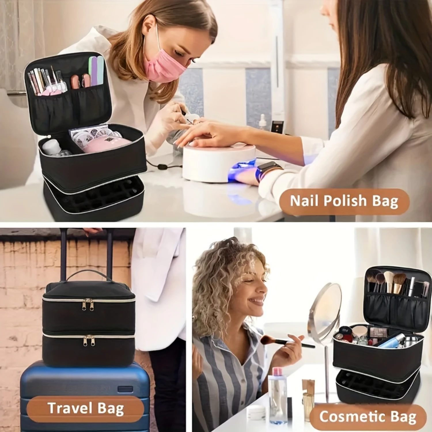 Nail Polish Carrying Case with Double Layers Organizer Bag for Gel Nail Polish, LED Nail Lamp Box - Multifunctional Makeup Bag f