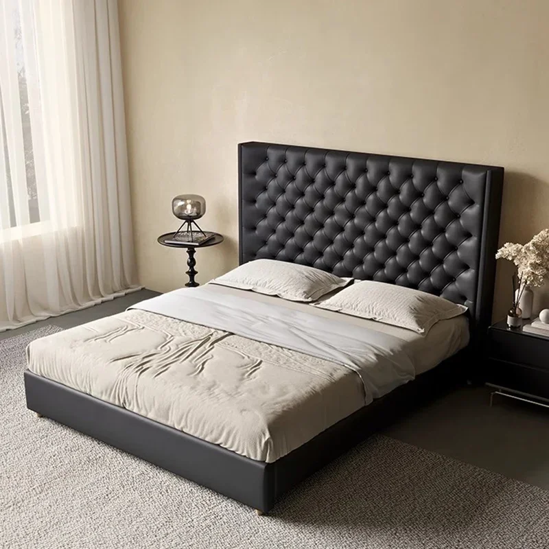 

Retro Black Genuine Leather Bed French Modern Pull Button Double Bed Luxury Queen Size Soft Bag Bed Cama Bedroom Furniture
