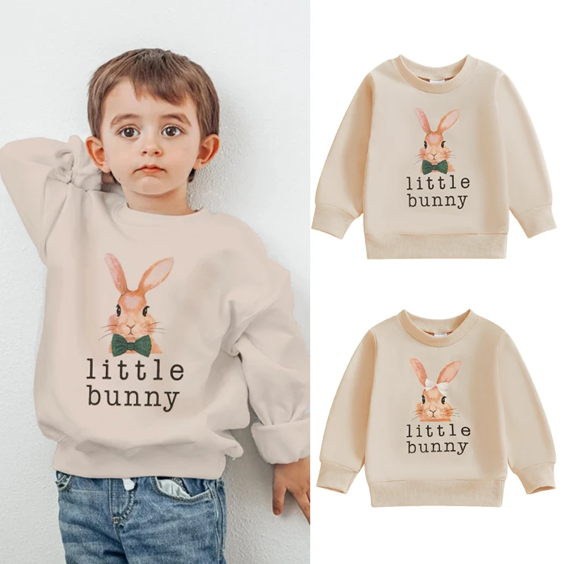 FOCUSNORM 0-5Y Little Kids Girls Boys Easter Sweatshirts T Shirts Letter Rabbit Print Crew Neck Long Sleeve Pullovers Spring Top