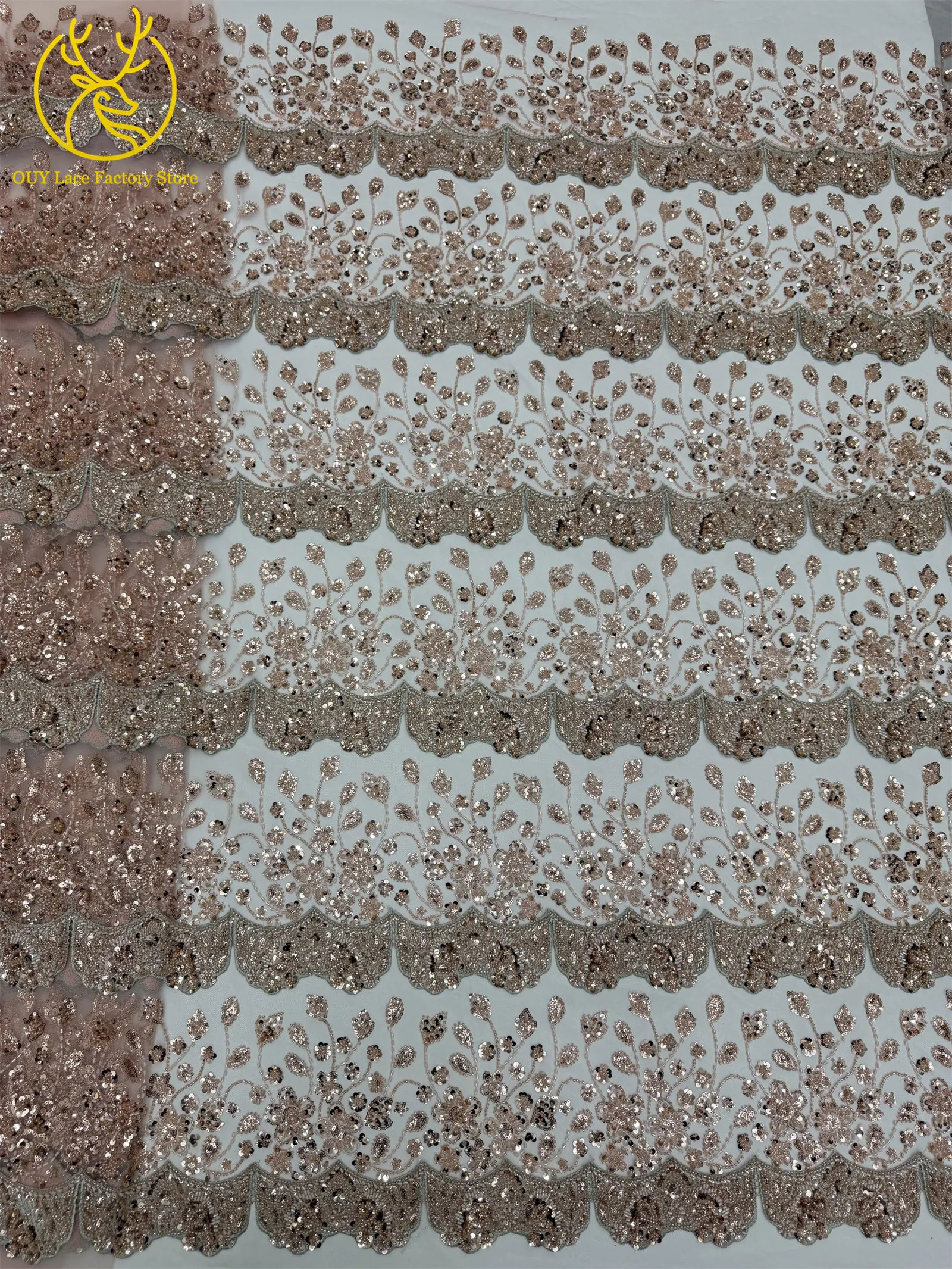 Neuer Stil Französische 3D-Stickerei Spitze Perlen Pailletten Tüll Spitzenstoff 2026 Orange Afrikanischer Spitzenstoff für Hochzeits- und Partykleider – Detail 13