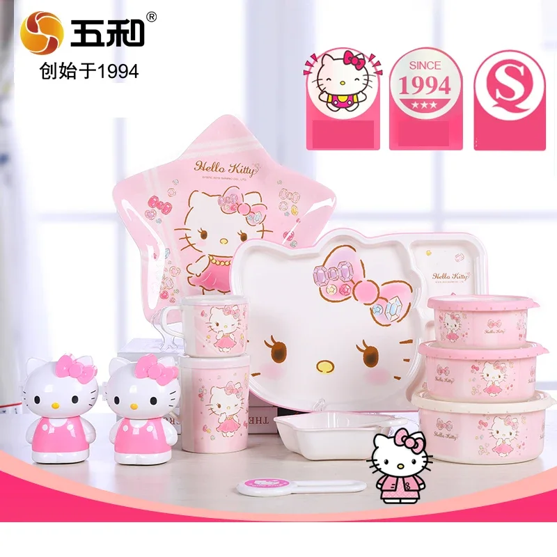 Hello Kitty Pink Children Tableware Cute Cartoon Divided Plate BPA Free Kids Water Cup Anti-Fall Rice Bowl Spoons Baby Food Gift view 3
