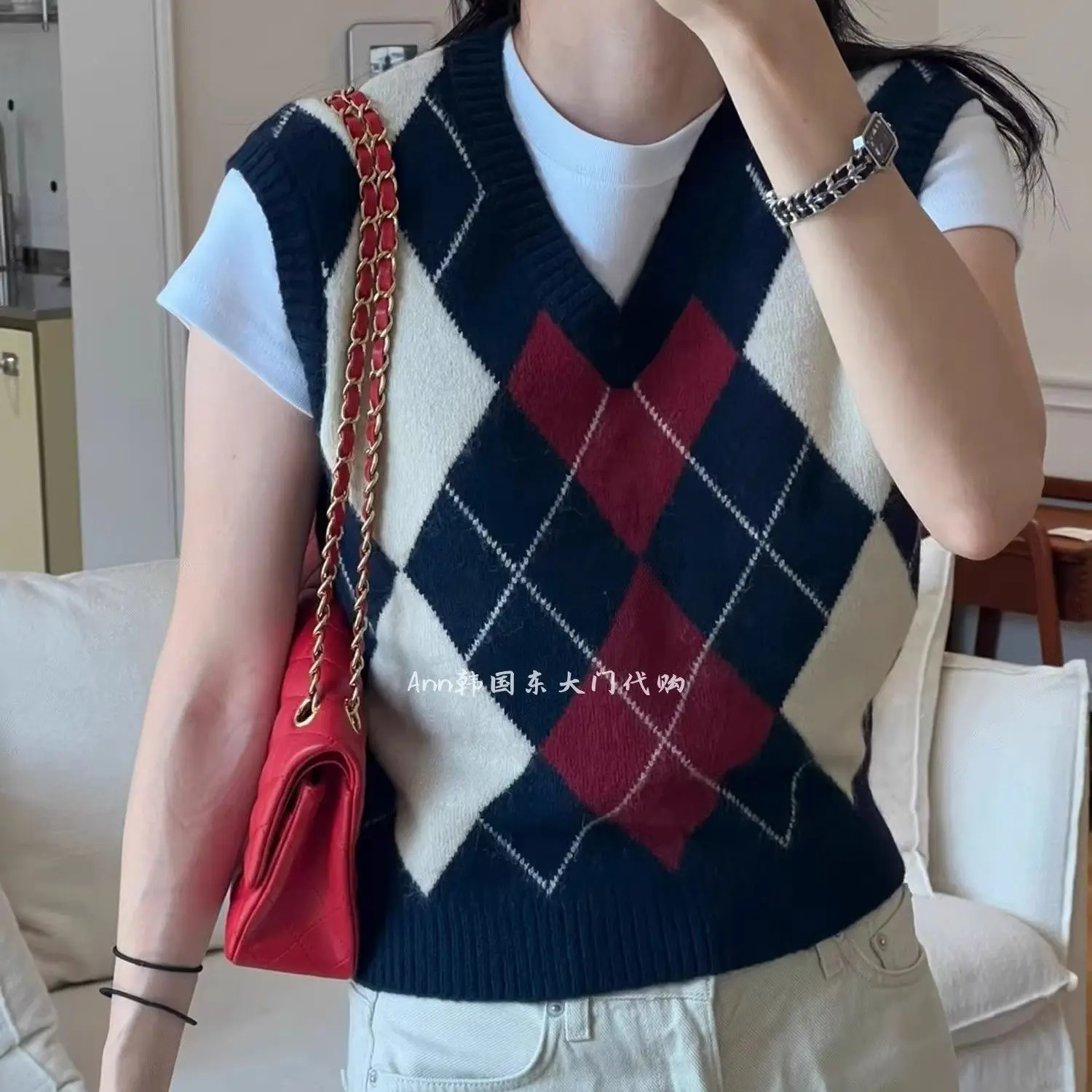 Winter Korean Fashion Sweet Girls V-Neck Color Block Argyle Knit Vest Sleeveless Sweater Vest Preppy Style Casual Layering Top