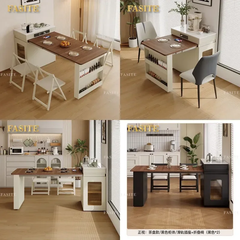 For Small Apartment Kitchen Island Dining Table Telescopic Folding Multi-functional Storage Tea Table Space Saving Furniture