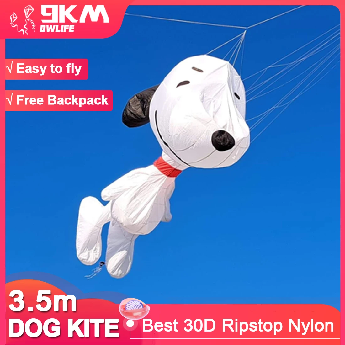 9KM 3.5m Dog Kite Soft Inflatable Line Laundry Kite 30D Ripstop Nylon with Bag for Kite Festival (Accept wholesale)