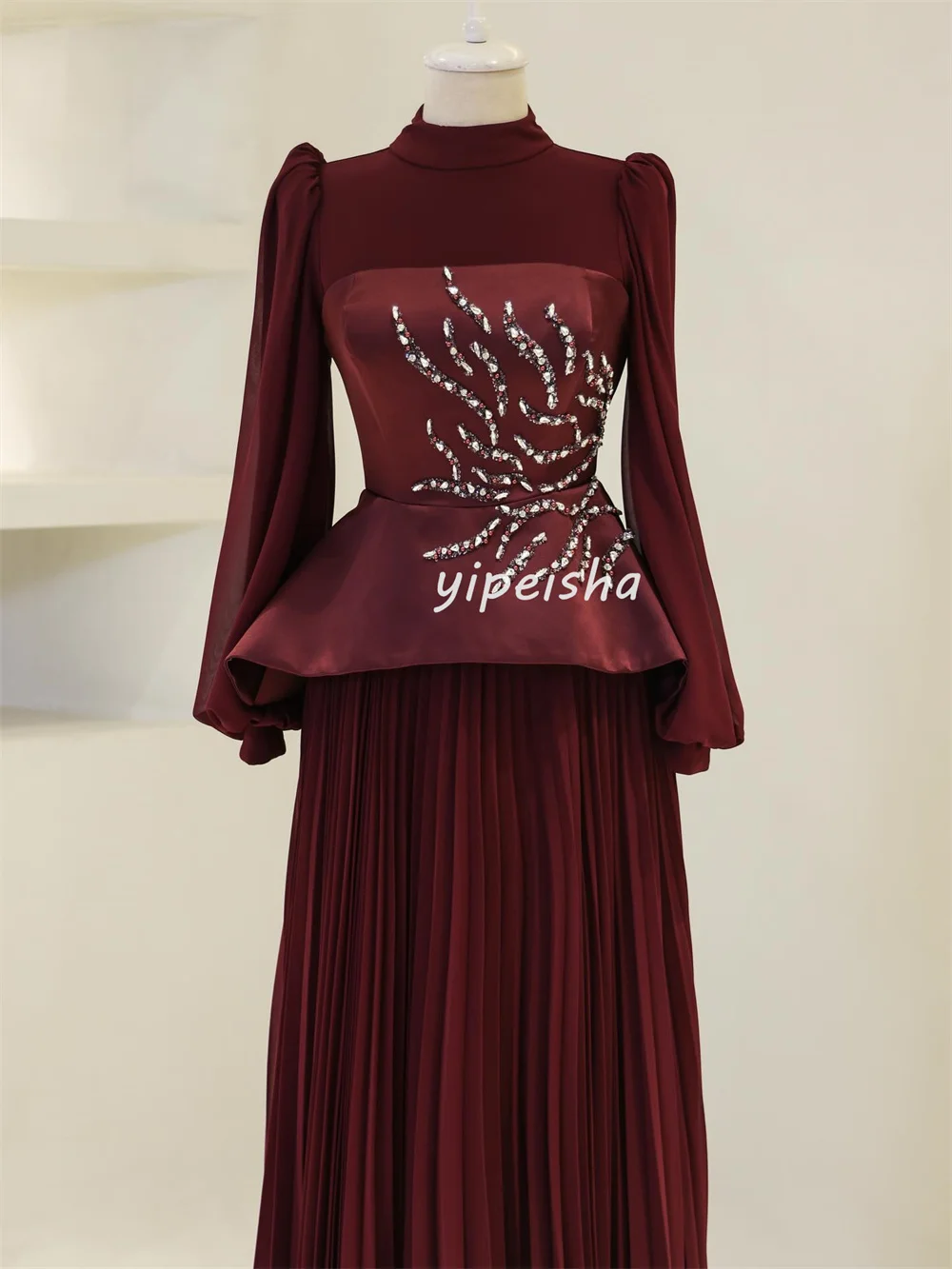 Customized High Quality Exquisite Chiffon Rhinestone Pleat Straight High Collar Long Dresses Bespoke Occasion Dresses Matching