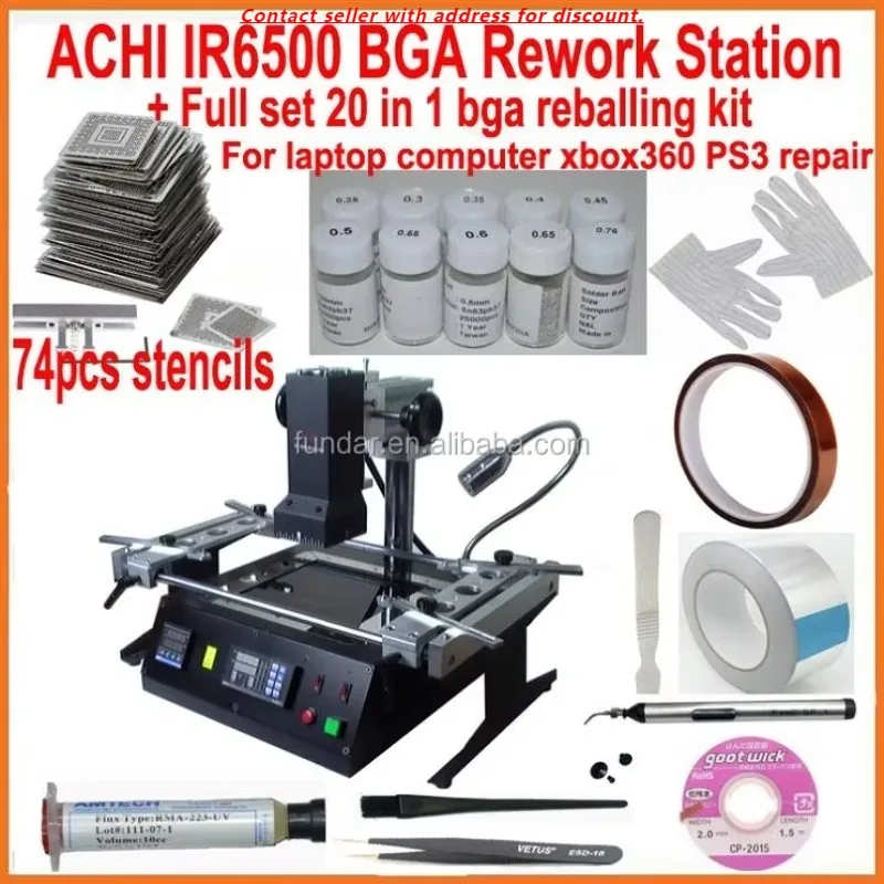 

Original ACHI IR6500 BGA Rework Station With Full Set Bga Reballing Kit 74pcs Bga Stencils For Laptop Xbox360 Ps3 WII Repair