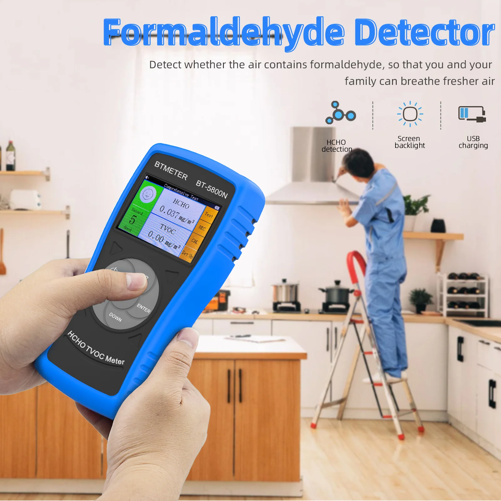 BT-5800N Formaldehyde Gas Quality Detector Rechargeable Battery Powered Air Quality Tester to HCHO,TVOC for Indoor, Outdoor