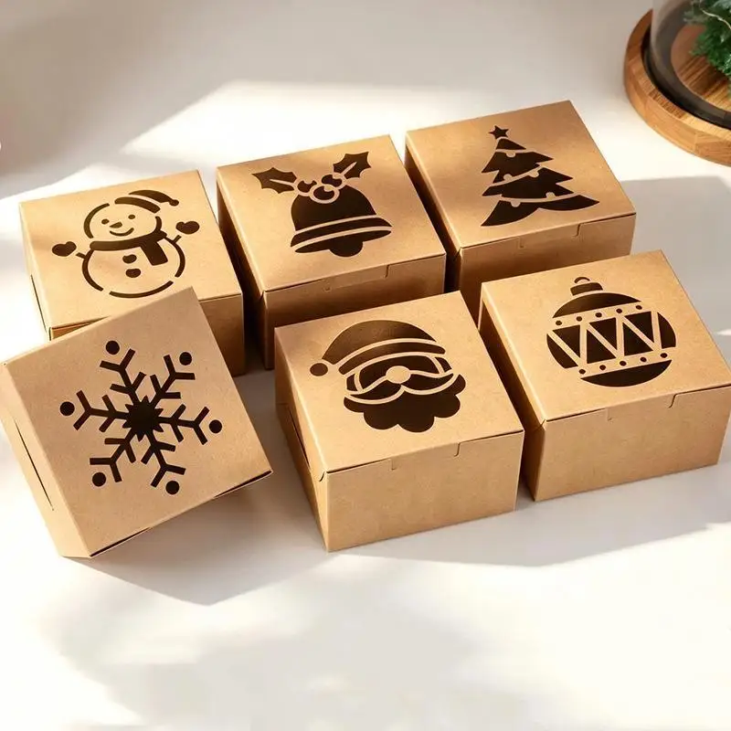 6Pcs Kraft Paper Christmas Gift Boxes Assorted Hollow Carved Patterns for Holiday Present Wrapping Party Decoration