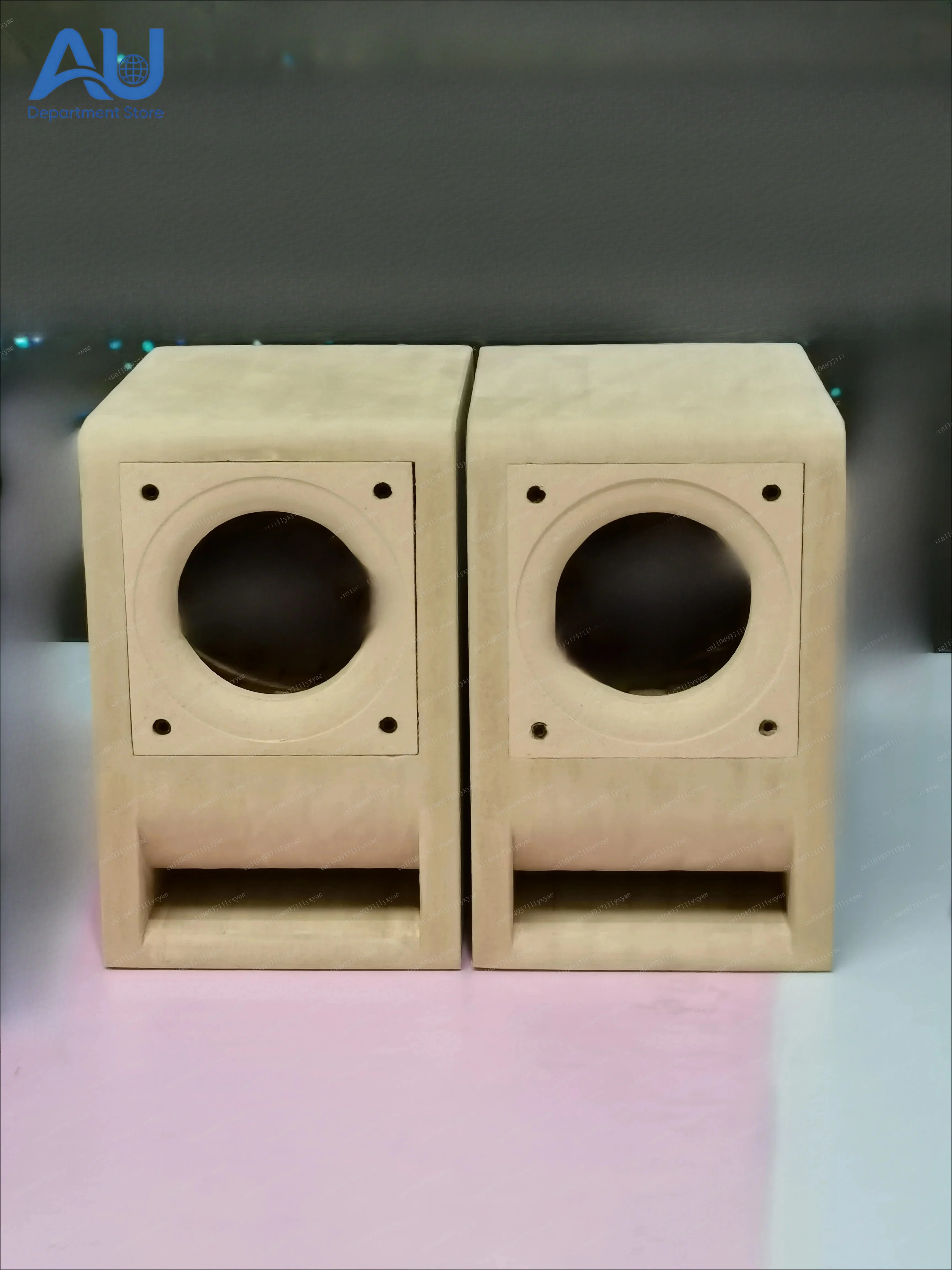 Wooden speakers, computer desktop empty box, bookshelf, a pair of stereos