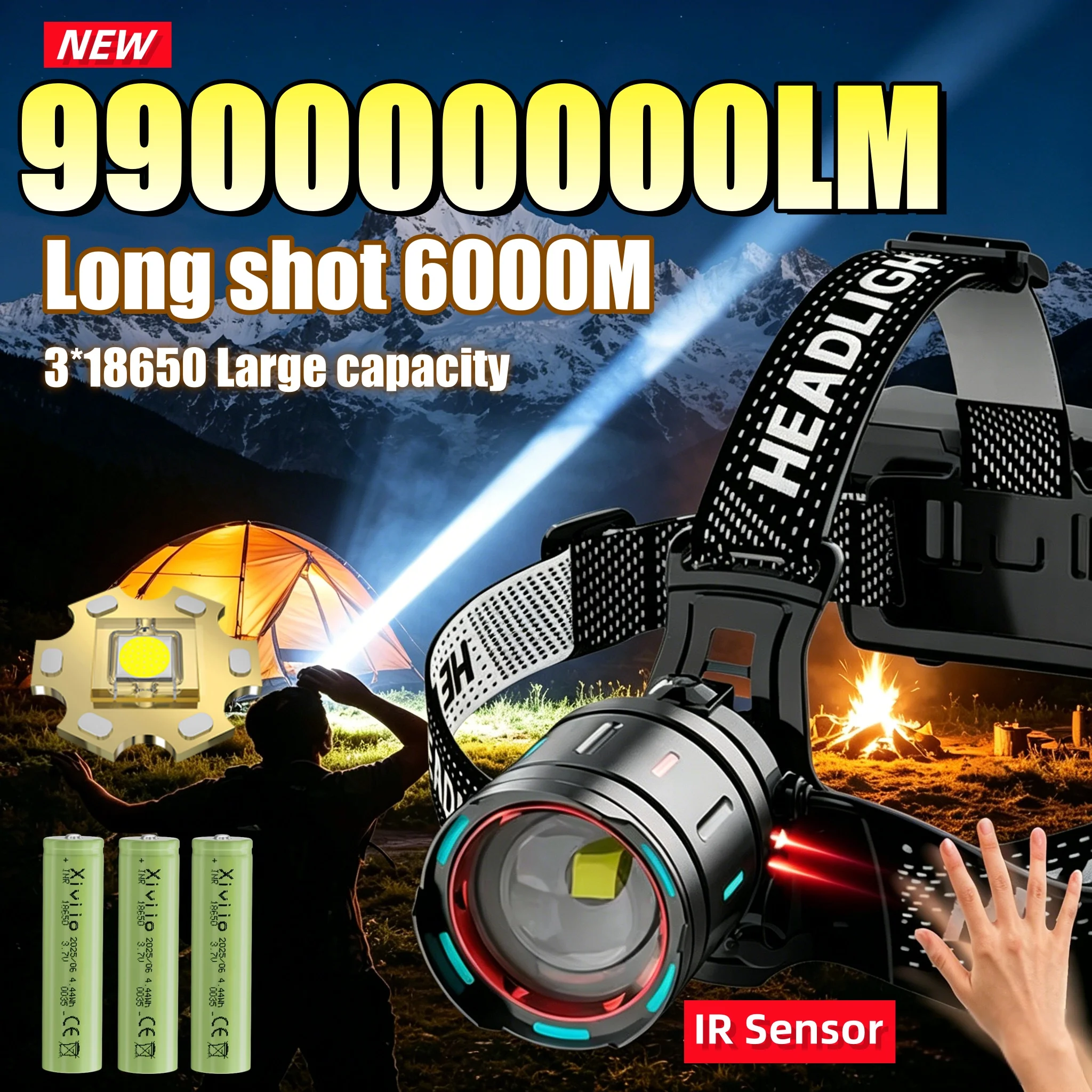 990000000LM High Power IR Sensor Headlight 3*18650 Rechargeable LED Headlamp 6000M Long Shot Head Flashlight for Hunting Fishing